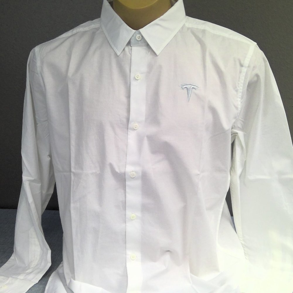 Tesla Motor Co Button Up Long Sleeve Shirt White Embroidered Logo Men's XL